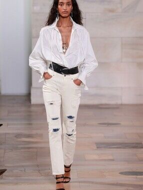 LRL RALPH LAUREN Distressed Patchwork White Denim Mid Rise Straight Ankle Jeans
